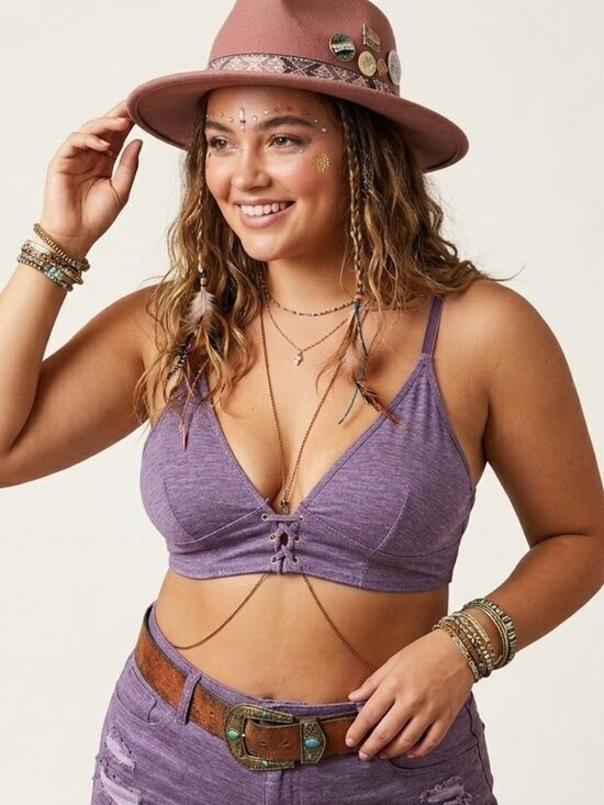 Seven Til Midnight Other - Boho Lace Up Bralette XL Purple Festival Top